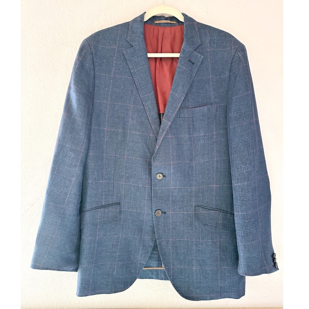 El Ganso Mens Blue Plaid Blazer Sport Coat Red Elbow Patches Two‎ Button